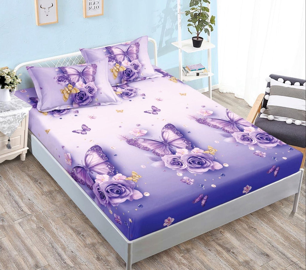 cearceaf pat cu elastic husa bumbac satinat superior 160x200 mov trandafiri fluturasi CF33