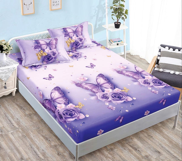 cearceaf pat cu elastic husa bumbac satinat superior 160x200 mov trandafiri fluturasi CF33