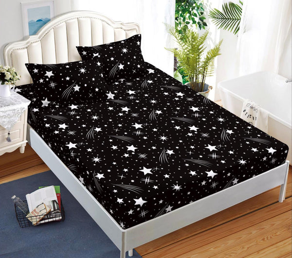 cearceaf pat cu elastic husa bumbac satinat superior 160x200 negru alb stele  CF54