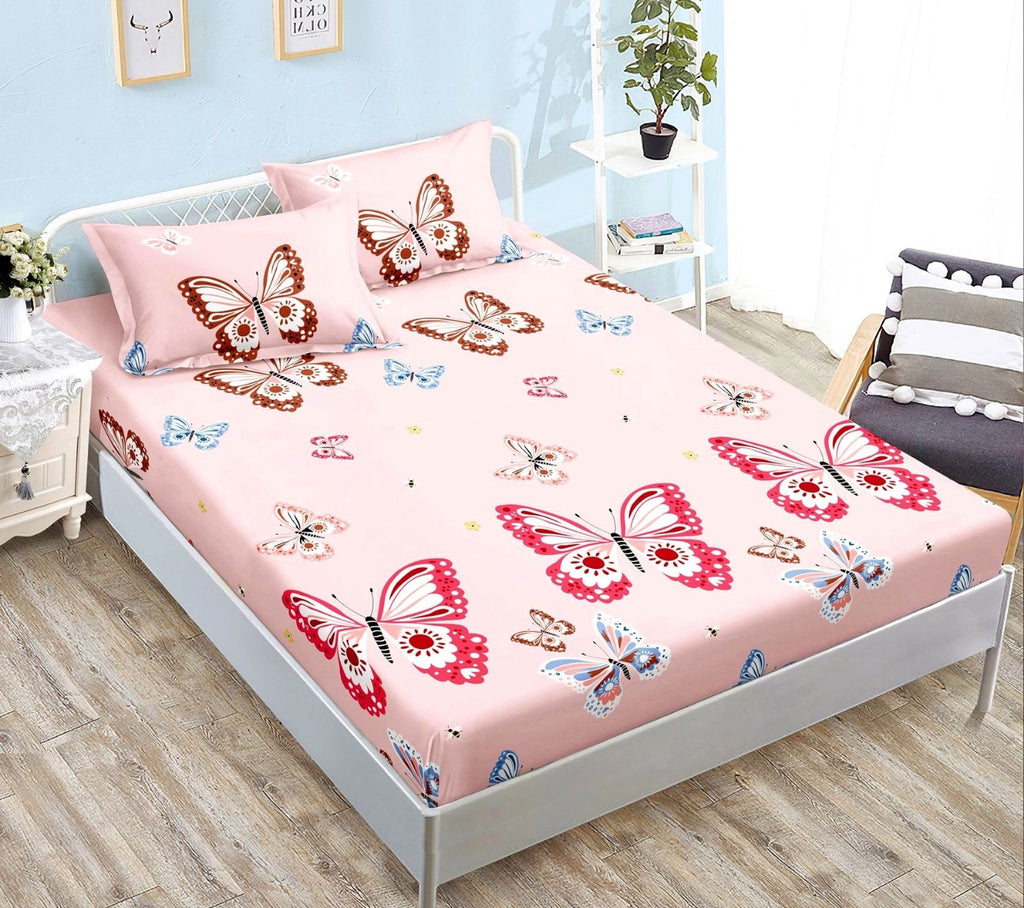 cearceaf pat cu elastic husa bumbac satinat superior 160x200 roz maro fluturasi CF18