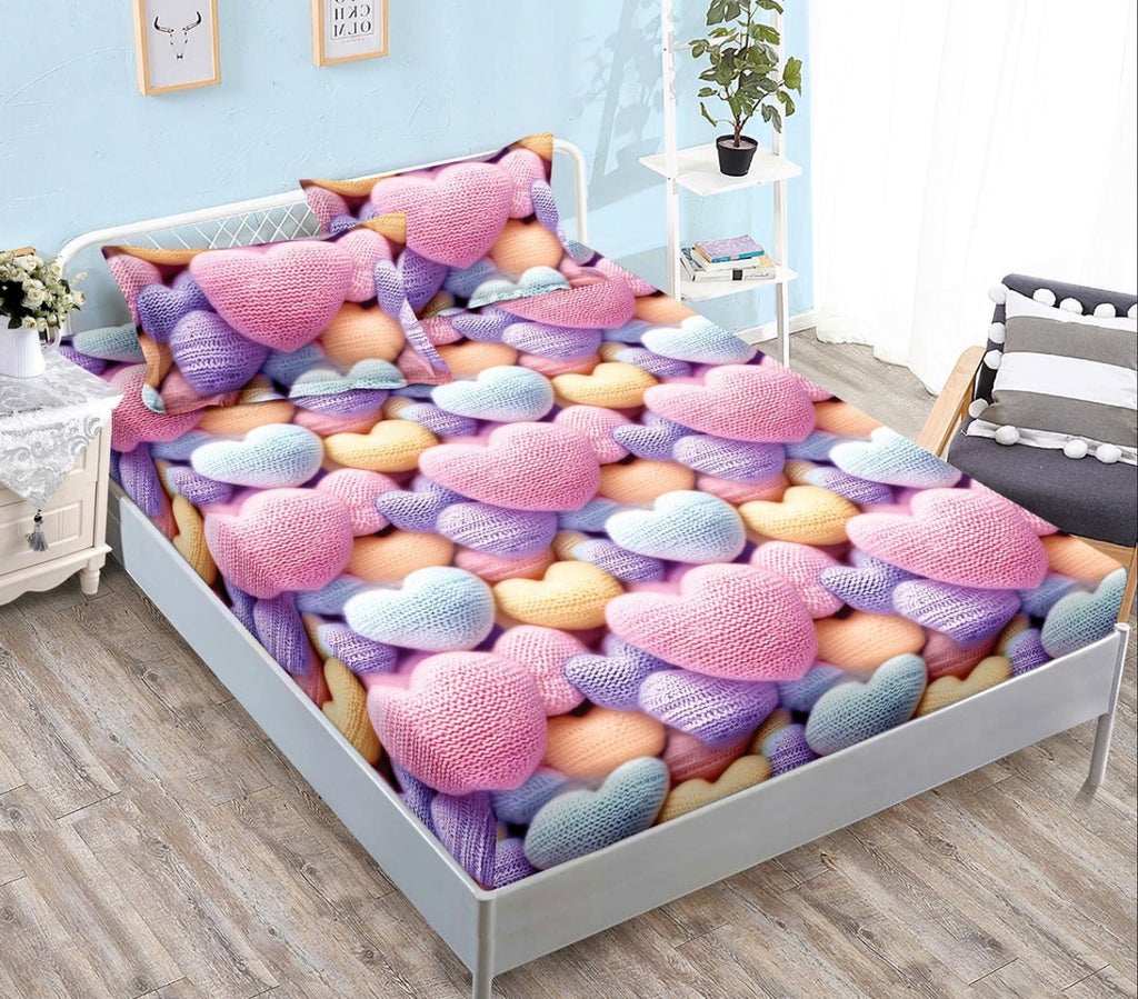 cearceaf pat cu elastic husa bumbac satinat superior 160x200 roz mov multicolor inimioare CF16