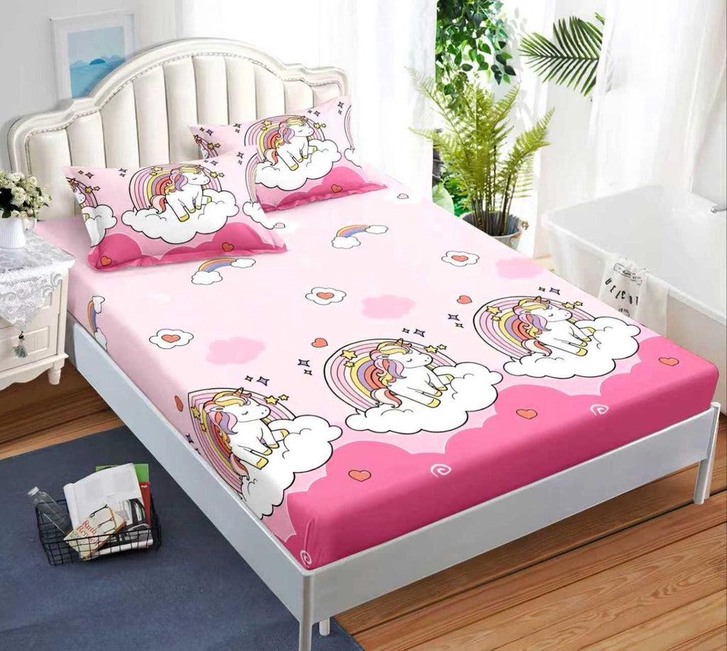 cearceaf pat cu elastic husa bumbac satinat superior 160x200 roz alb nori unicorni CF62