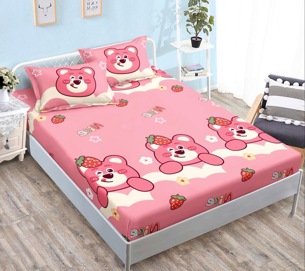 cearceaf pat cu elastic husa bumbac satinat superior 160x200 roz ursuleti CF40