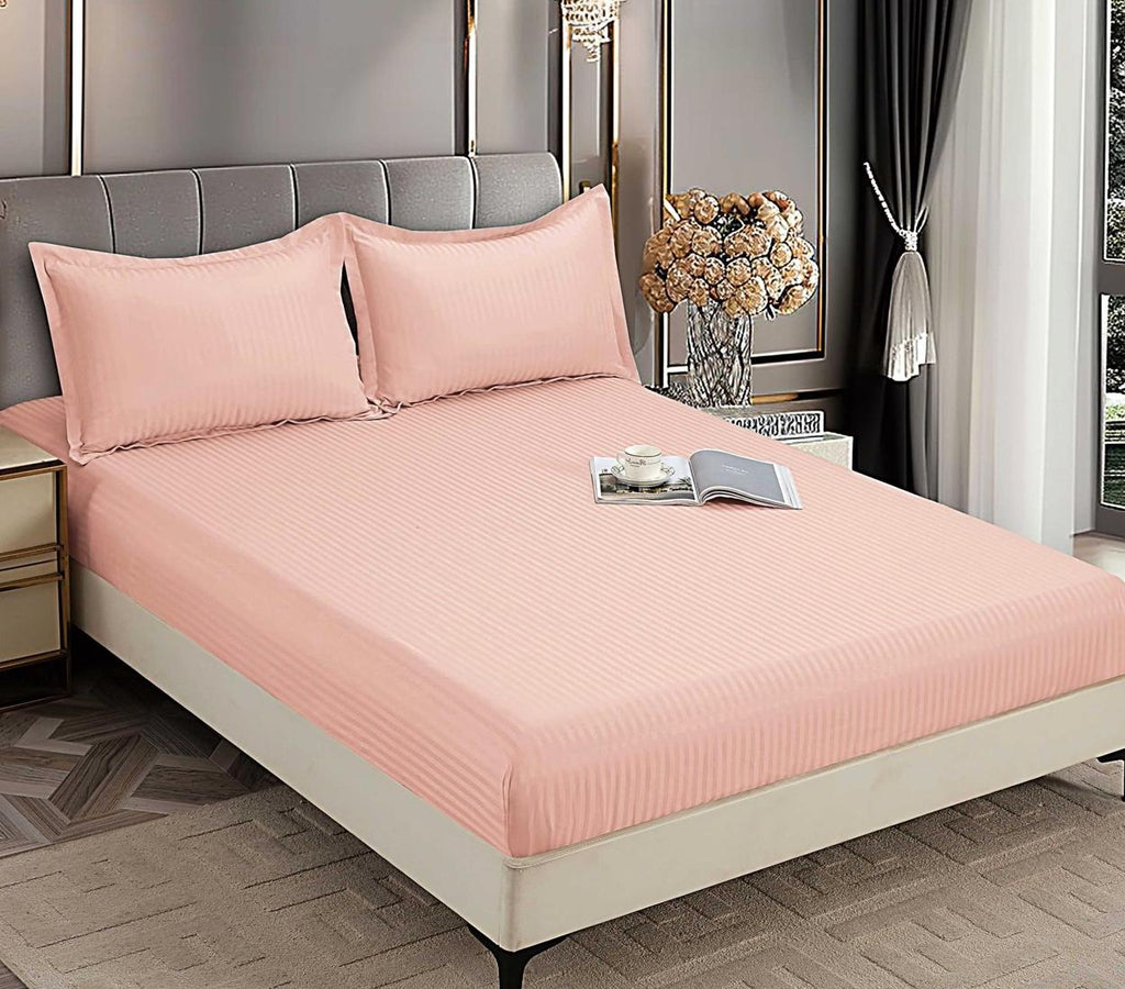 Huse de pat cu Elastic Bumbac Damasc Pat Dublu Roz CD506