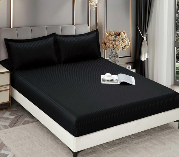 Huse de pat cu Elastic Bumbac Damasc Pat Dublu Negre CD504