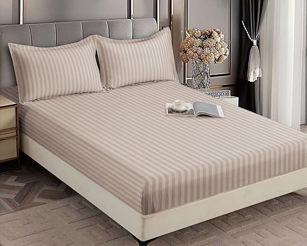 Huse de pat cu Elastic Damasc Pat Dublu Uni Bej CD513
