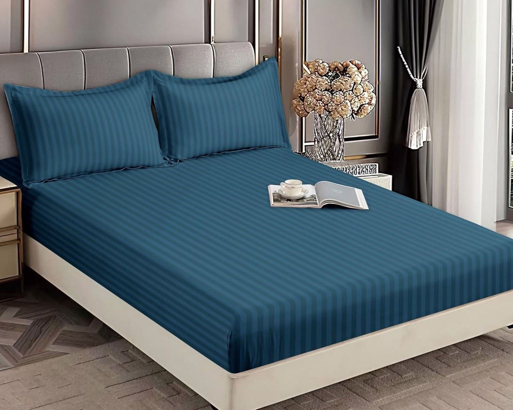 Huse de pat cu Elastic Bumbac Damasc Pat Dublu Uni Bleu CD514