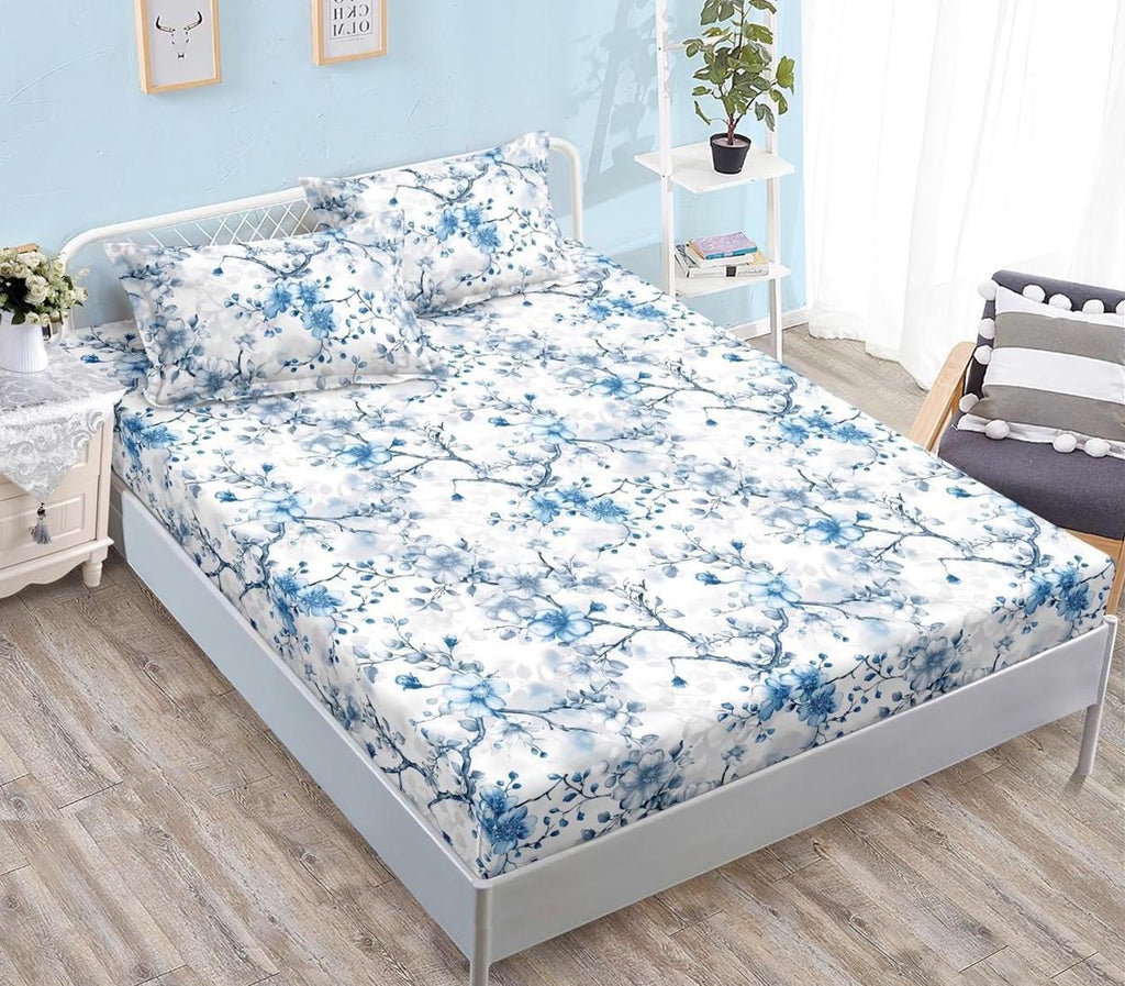 Huse cu Elastic Bumbac Satinat Pat Dublu Albe Floral CF558