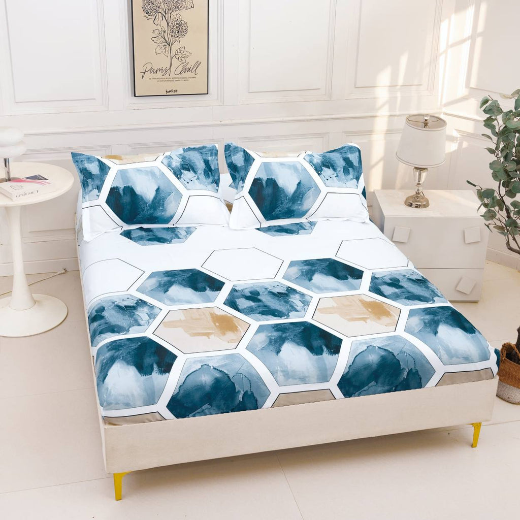 huse cu elastic bumbac satinat pat dublu alb albastru geometric CF827