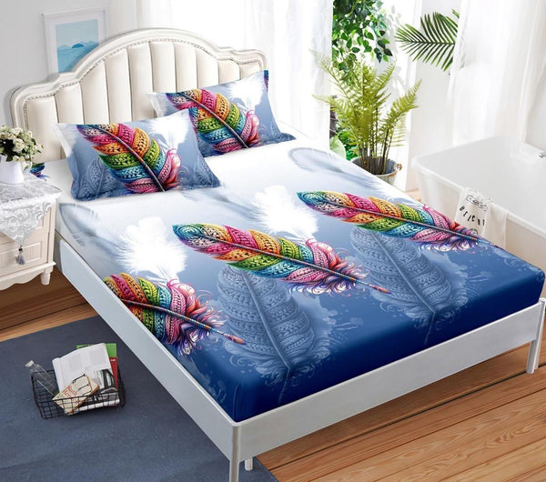 Huse cu Elastic Bumbac Satinat Pat Dublu Albastre Pene CF572