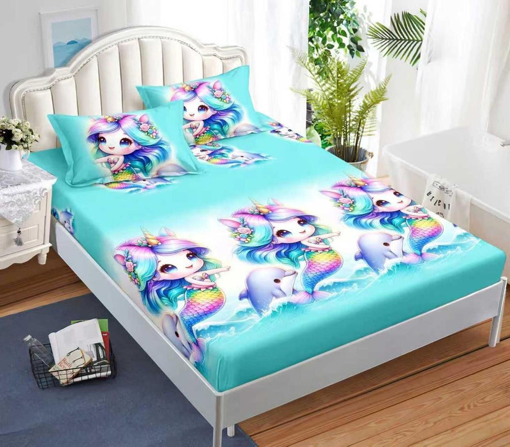 Huse cu Elastic Bumbac Satinat Pat Dublu Albastre Sirene Copii CF573