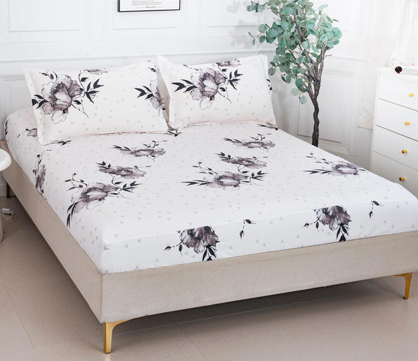 Huse cu Elastic Bumbac Satinat Pat Dublu Albe Floral CF116