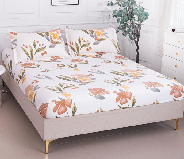 Huse cu Elastic Bumbac Satinat Pat Dublu Albe Floral CF232