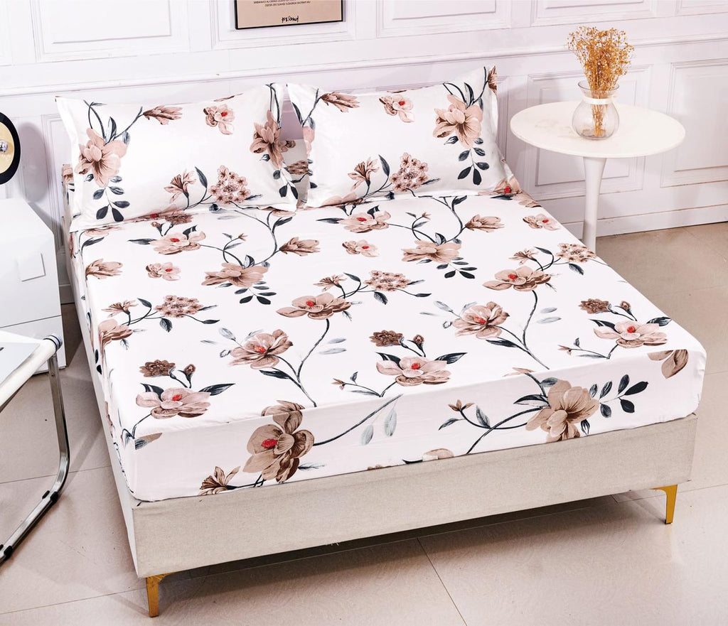 Huse cu Elastic Bumbac Satinat Pat Dublu Albe Floral CF240
