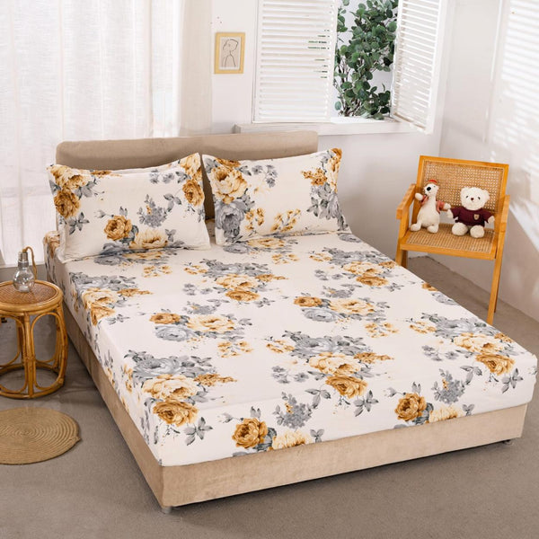 Huse cu Elastic Bumbac Satinat Pat Dublu Albe Floral CF47