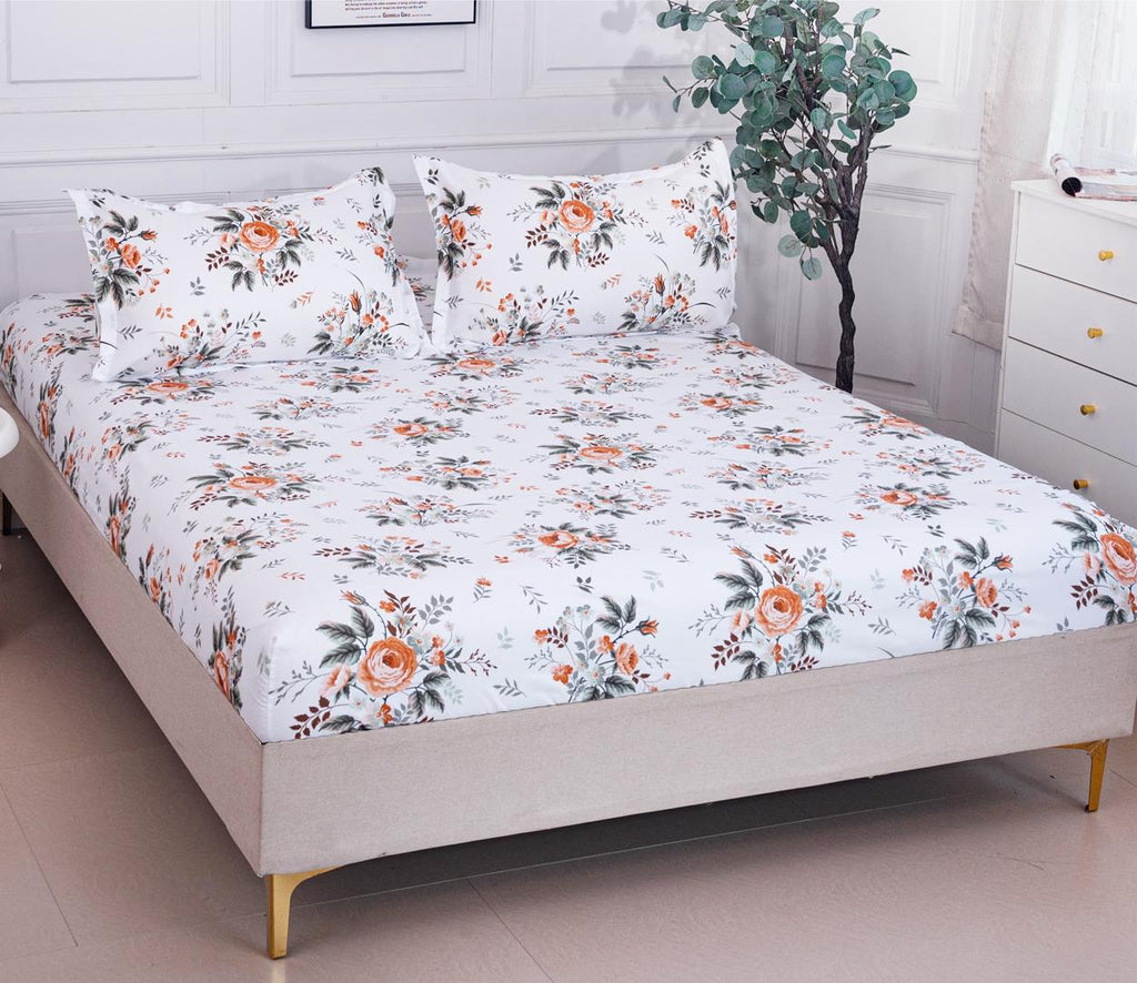 Huse cu Elastic Bumbac Satinat Pat Dublu Albe Floral CF51