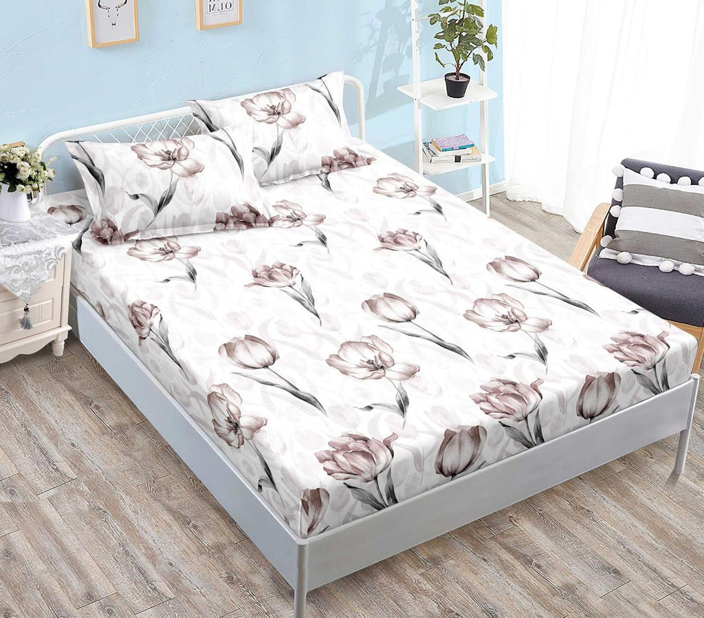 Huse cu Elastic Bumbac Satinat Pat Dublu Albe Floral CF544