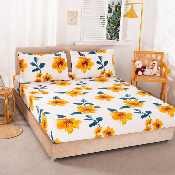 Huse cu Elastic Bumbac Satinat Pat Dublu Albe Floral CF64