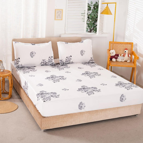 Huse cu Elastic Bumbac Satinat Pat Dublu Albe Floral CF79