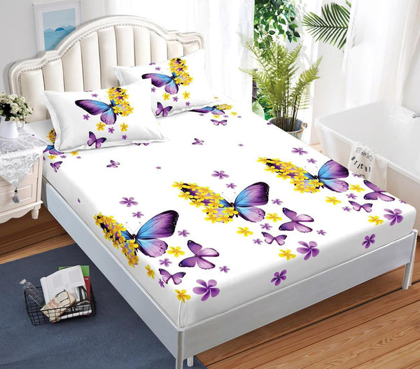 Huse cu Elastic Bumbac Satinat Pat Dublu Albe Fluturasi Mov CF528