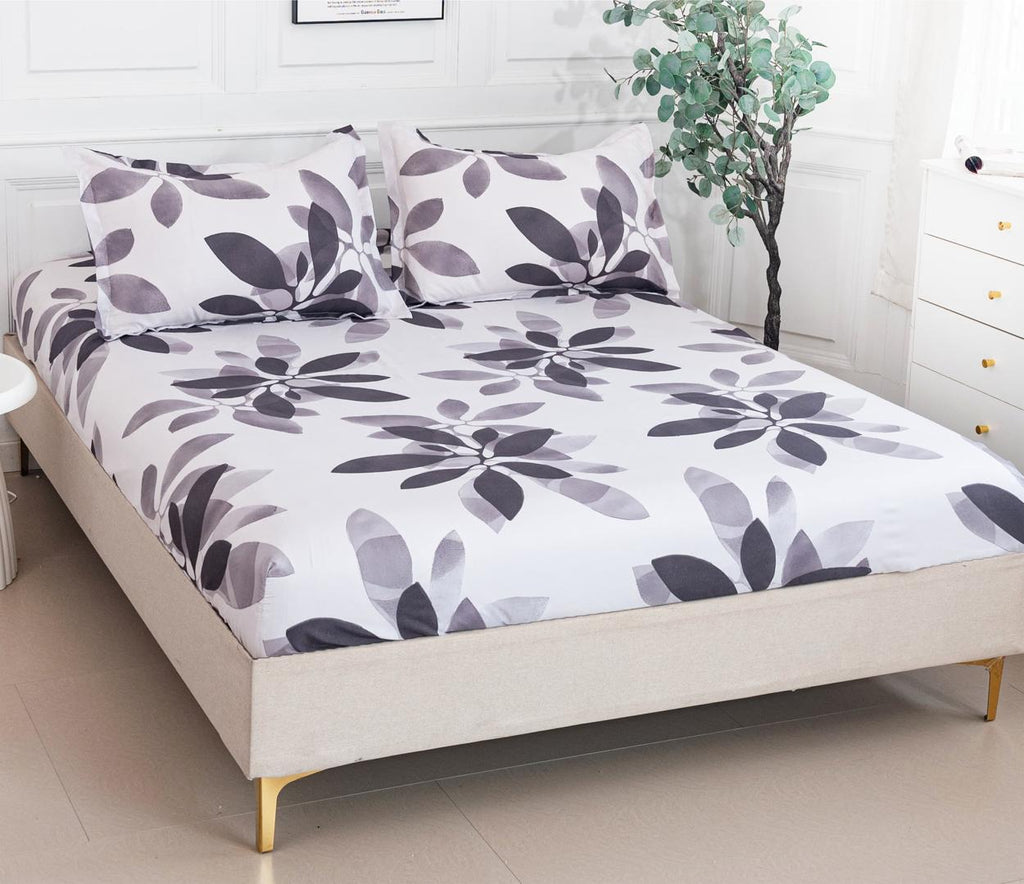Huse cu Elastic Bumbac Satinat Pat Dublu Albe Gri Frunze CF112