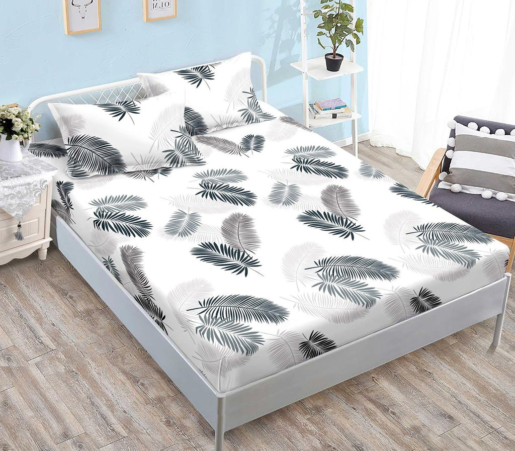 Huse cu Elastic Bumbac Satinat Pat Dublu Albe Frunze CF554