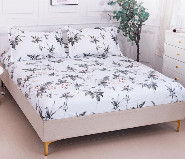 Huse cu Elastic Bumbac Satinat Pat Dublu Albe Floral CF85