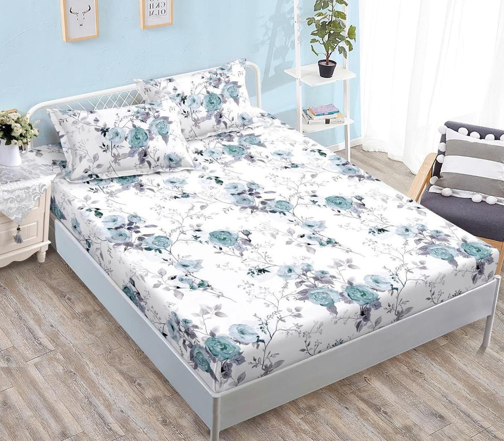 huse cu elastic bumbac satinat pat dublu albe flori CF559