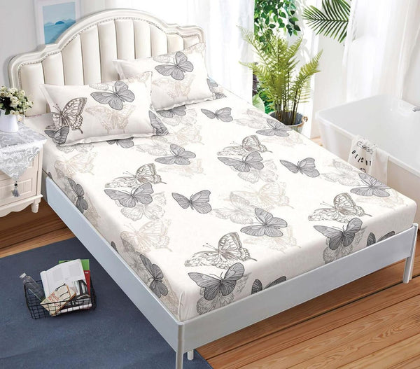Huse cu Elastic Bumbac Satinat Pat Dublu Albe Fluturi CF562