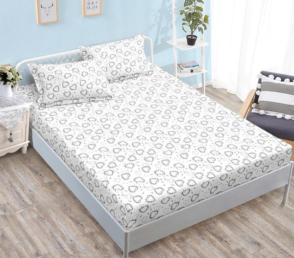 Huse cu Elastic Bumbac Satinat Pat Dublu Albe Inimioare CF563