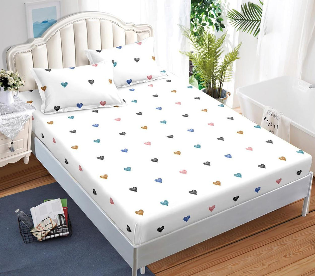 Huse cu Elastic Bumbac Satinat Pat Dublu Albe Inimioare CF529