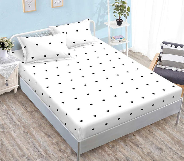 Huse cu Elastic Bumbac Satinat Pat Dublu Albe Inimioare CF536