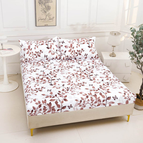 huse cu elastic bumbac satinat pat dublu alb maro crengute frunze CF820