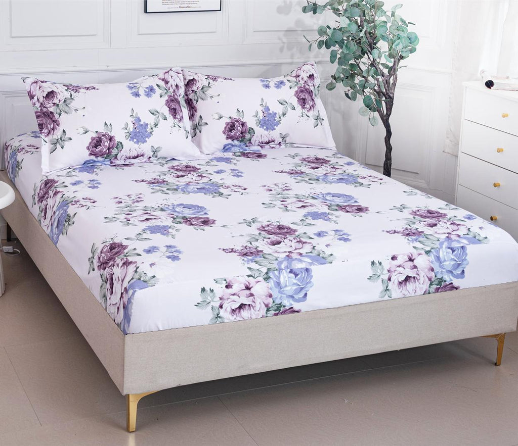 Huse cu Elastic Bumbac Satinat Pat Dublu Albe Floral CF50