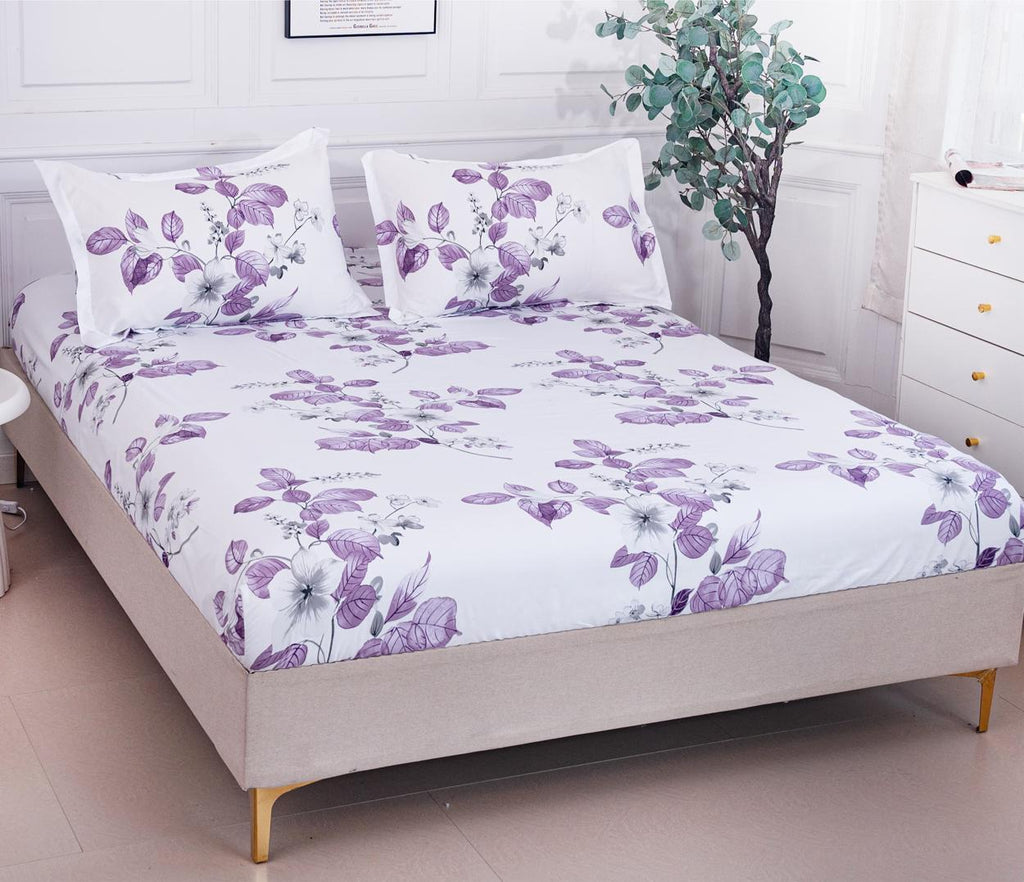 Huse cu Elastic Bumbac Satinat Pat Dublu Albe Floral CF77