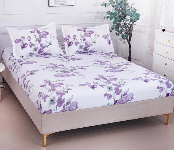 Huse cu Elastic Bumbac Satinat Pat Dublu Albe Floral CF77