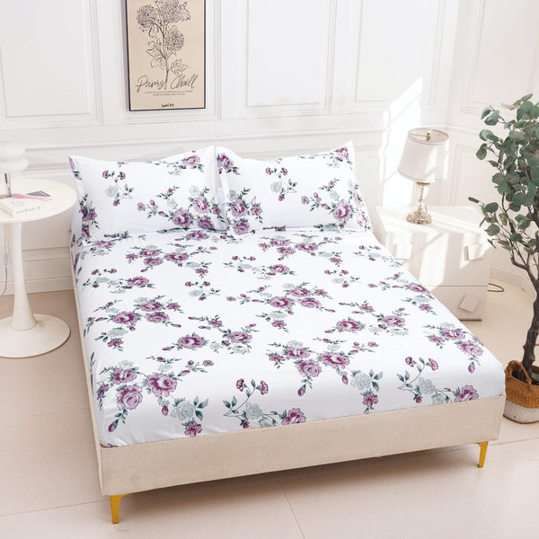 huse cu elastic bumbac satinat pat dublu alb mov flori CF826