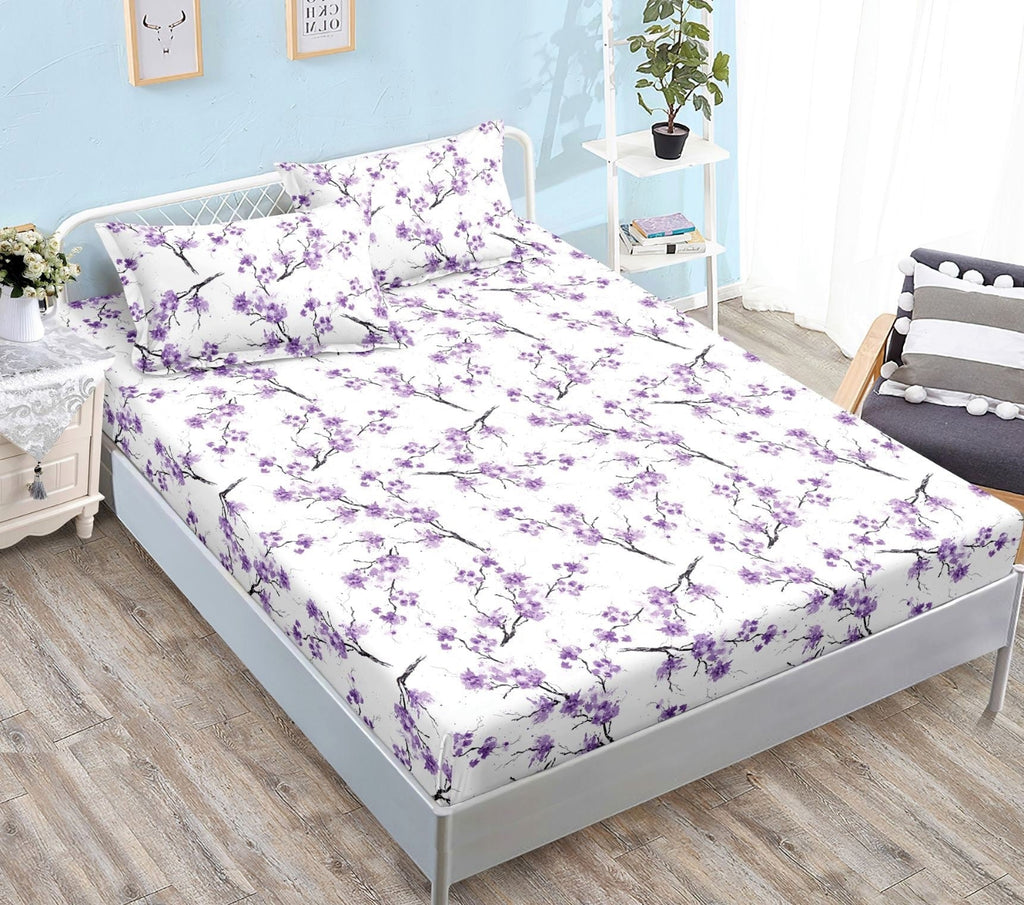 cearceaf elastic 180x200 bumbac satinat alb mov floricele CF626