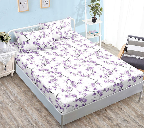 cearceaf elastic 180x200 bumbac satinat alb mov floricele CF626