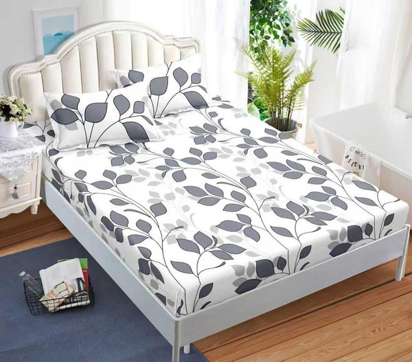 Huse cu Elastic Bumbac Satinat Pat Dublu Albe Frunze Flori CF583