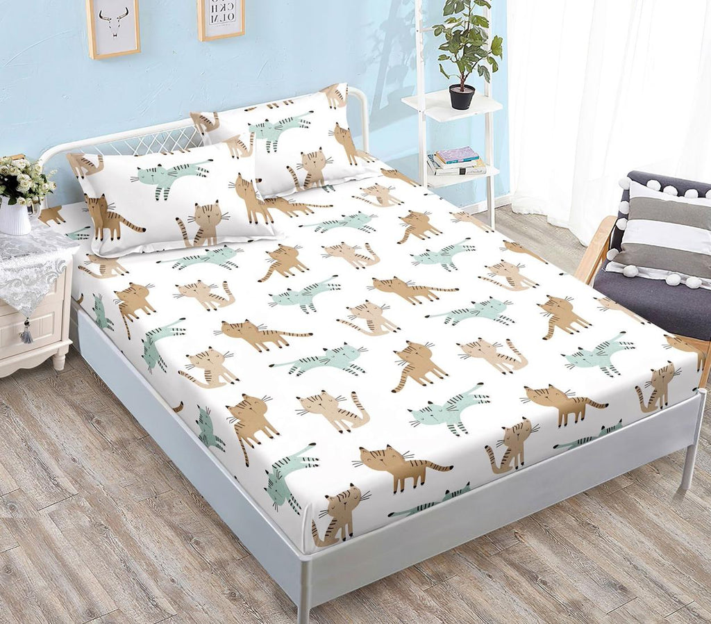 Huse cu Elastic Bumbac Satinat Pat Dublu Albe Pisici CF519
