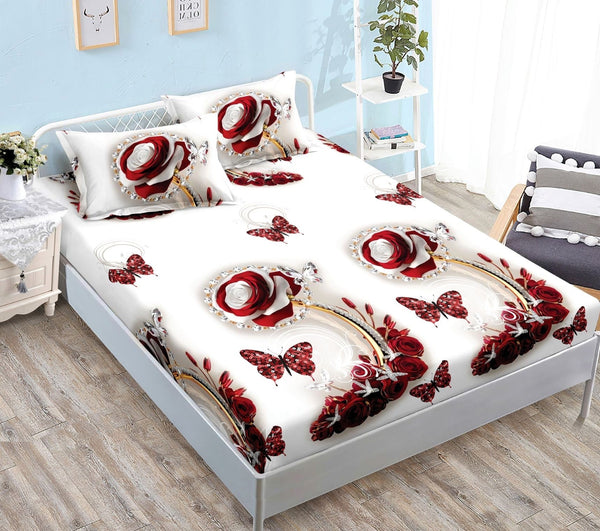 cearceaf elastic 180x200 bumbac satinat alb rosu flori CF595