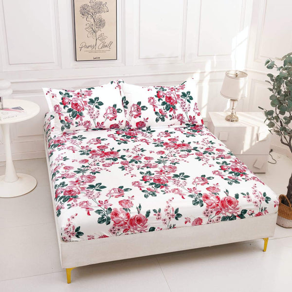 huse cu elastic bumbac satinat pat dublu alb rosu verde flori CF830