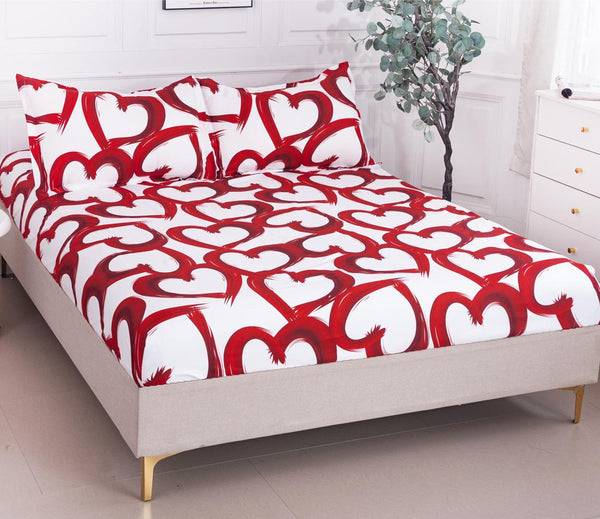 Huse cu Elastic Bumbac Satinat Pat Dublu Albe Rosii Inimioare CF94