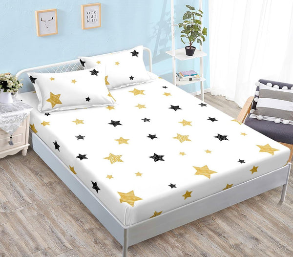 Huse cu Elastic Bumbac Satinat Pat Dublu Albe Stelute CF553