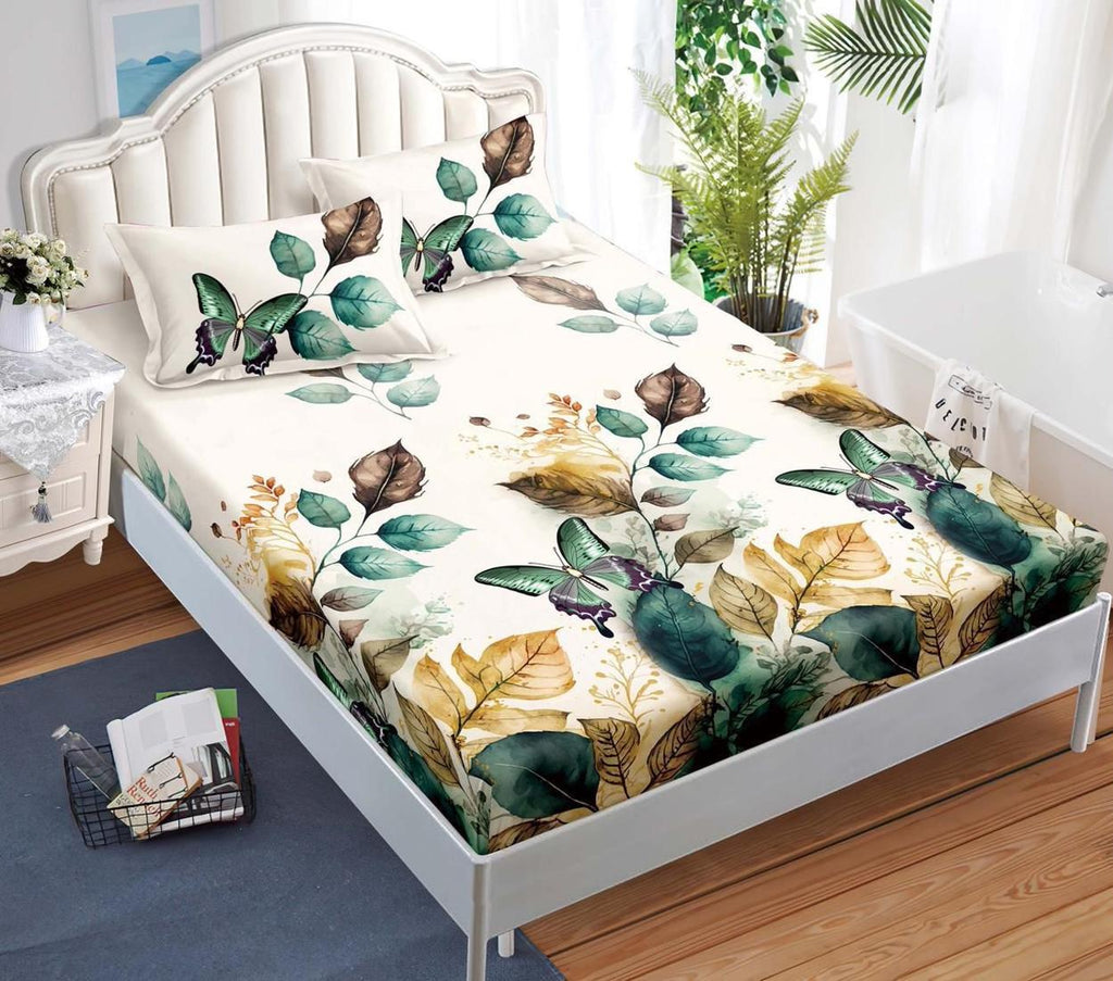 Huse cu Elastic Bumbac Satinat Pat Dublu Albe Verzi Frunze CF582