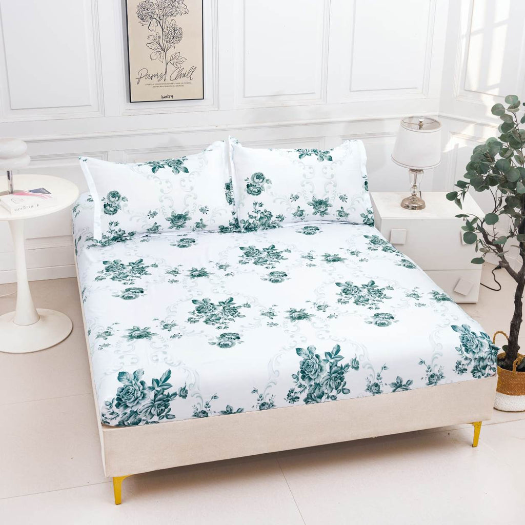 huse cu elastic bumbac satinat pat dublu alb verde flori CF828