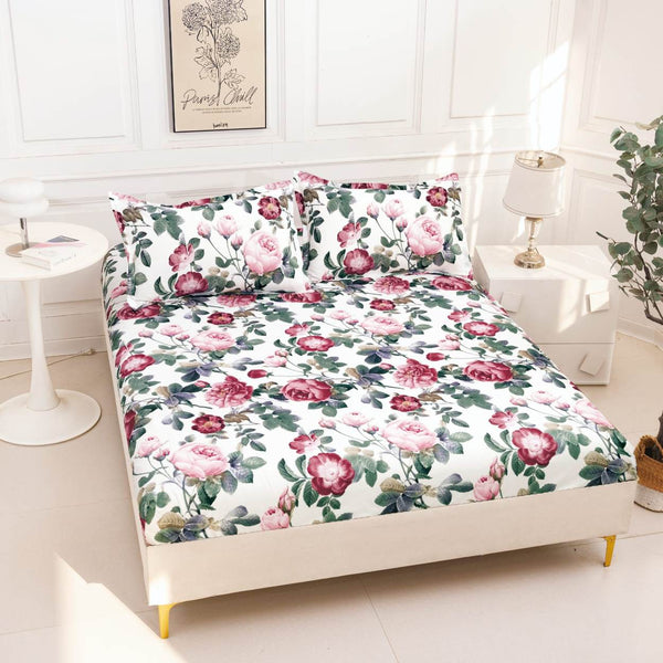 huse cu elastic bumbac satinat pat dublu alb verde roz frunze flori CF832