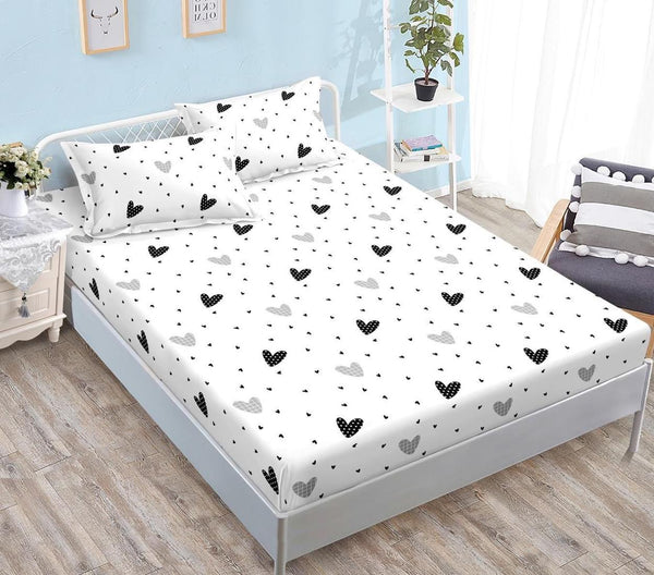 Huse cu Elastic Bumbac Satinat Pat Dublu Albe Inimioare CF570