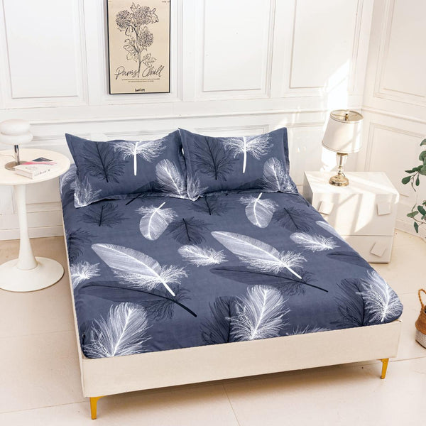 huse cu elastic bumbac satinat pat dublu albastru alb pene CF810